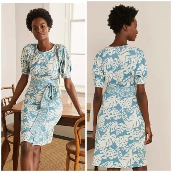 Boden Heritage Blue Banana Leaf Amanda Belted Jersey Dress Size 8 - Picture 1 of 12